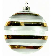 Χριστουγεννιάτικη Γυάλινη Μπάλα Διάφανη, με Λευκές και Χρυσές Ρίγες (10cm)
