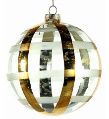 Χριστουγεννιάτικη Μπάλα Γυάλινη Διάφανη, με Χρυσές και Λευκές Ρίγες (8cm)