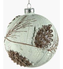 Χριστουγεννιάτικη Γυάλινη Μπάλα Λευκή, με Κλαδιά και Κουκουνάρια (12cm)