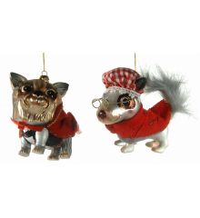 Χριστουγεννιάτικα Κρεμαστά Γυάλινα Στολίδια, Σκυλάκια με Κόκκινο Ρούχο σε 2 Σχέδια (12cm)