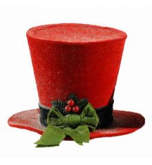 Χριστουγεννιάτικο Τσόχινο Καπέλο Χιονισμένο, Κόκκινο με Πράσινο Φιόγκο και Γκι (25cm)