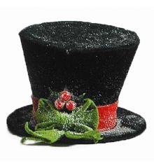 Χριστουγεννιάτικο Τσόχινο Καπέλο Χιονισμένο, Μαύρο με Πράσινο Φιόγκο και Γκι (15cm) - 1 Τεμάχιο