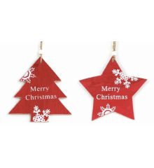 Χριστουγεννιάτικα Ξύλινα Στολίδια, Κόκκινα με Χιονονιφάδα και Merry Christmas - 2 Σχέδια (13cm)