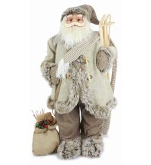 Χριστουγεννιάτικος Διακοσμητικός Λούτρινος Άγιος Βασίλης με Σκι και Τσουβάλι Καφέ (80cm) - 1 Τεμάχιο