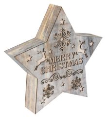 Χριστουγεννιάτικο Ξύλινο Διακοσμητικό Αστέρι "Merry Christmas" και LED Λευκό (24cm)