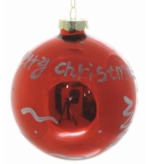Χριστουγεννιάτικη Γυάλινη Κόκκινη Μπάλα "Merry Christmas", Καθρέφτης (10cm)