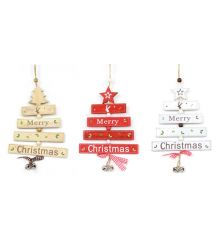 Χριστουγεννιάτικα Ξύλινα Δεντράκια, με "Merry Christmas" και Κουδουνάκια - 3 Χρώματα (20cm)