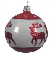 Χριστουγεννιάτικη Μπάλα Γυάλινη Λευκή, με Κόκκινους Τάρανδους (8cm)
