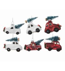 Χριστουγεννιάτικα Κρεμαστά Γυάλινα Αυτοκινητάκια με Δεντράκι - 6 Σχέδια (10cm) - 1 Τεμάχιο