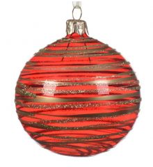 Χριστουγεννιάτικη Μπάλα Γυάλινη Κόκκινη, με Χρυσές Ρίγες (8cm)
