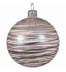 Χριστουγεννιάτικη Μπάλα Γυάλινη Ροζ, με Ασημί Ρίγες (8cm)