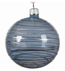 Χριστουγεννιάτικη Μπάλα Γυάλινη Μπλε, Ημιδιάφανη με Ρίγες (8cm)