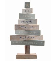 Χριστουγεννιάτικο Διακοσμητικό Ξύλινο Δεντράκι Επιτραπέζιο, Καφέ - Πράσινο με Ευχές (35cm) - 1 Τεμάχιο