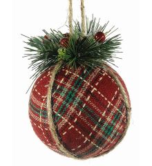 Χριστουγεννιάτικη Μπάλα Υφασμάτινη Κόκκινη Καρό με Γκι (10cm)