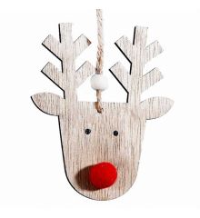 Χριστουγεννιάτικο Ξύλινο Κρεμαστό Κεφάλι Τάρανδου, με Κόκκινη Μύτη (10cm)