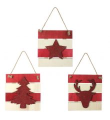 Χριστουγεννιάτικο Ξύλινο Διακοσμητικό Καδράκι Κόκκινο - 3 Σχέδια (15cm) - 1 Τεμάχιο