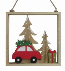Χριστουγεννιάτικο Ξύλινο Διακοσμητικό Κάδρο, με Αυτοκινητάκι και Δεντράκια Πολύχρωμο (20cm) - 1 Τεμάχιο