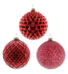 Χριστουγεννιάτικη Γυάλινη Μπάλα, Κόκκινη - Ροζ Ανάγλυφη - 3 Σχέδια (8cm)