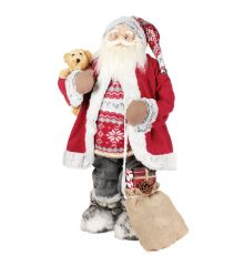 Χριστουγεννιάτικος Διακοσμητικός Λούτρινος Άγιος Βασίλης, με Αρκουδάκι και Σάκο Κόκκινος (80cm)