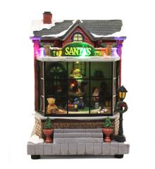 Χριστουγεννιάτικο Διακοσμητικό Μαγαζί, με Άγιο Βασίλη, Παιχνίδια και 6 LED (25cm)