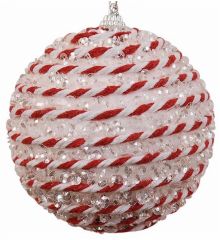 Χριστουγεννιάτικη Μπάλα Λευκή με Ρίγες και Χάντρες (10cm)