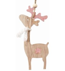 Χριστουγεννιάτικος Ξύλινος Τάρανδος με Ροζ Κέρατα και Αστεράκι (15cm)