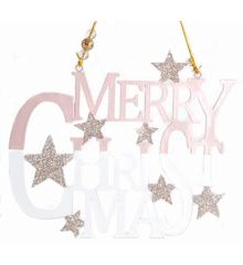 Χριστουγεννιάτικο Μεταλλικό "merry Christmas" ροζ με Αστέρια (17cm)