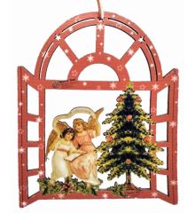 Χριστουγεννιάτικο Ξύλινο Στολίδι, με Έλατο και Αγγελάκια Kόκκινα (13cm) - 1 Τεμάχιο