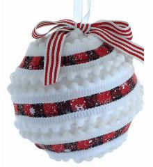 Χριστουγεννιάτικη Μπάλα Λευκή με Καρό Ρίγες (10cm)