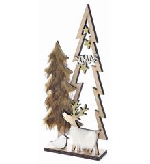 Χριστουγεννιάτικο Ξύλινο Διακοσμητικό με Δέντρα και Γούνα (30cm) - 1 Τεμάχιο