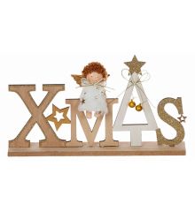 Χριστουγεννιάτικο Ξύλινο Διακοσμητικό "XMAS" με Αγγελακι και Δεντράκι Καφέ (27cm)