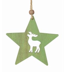 Χριστουγεννιάτικο Ξύλινο Αστεράκι Πράσινο με Τάρανδο (10cm) - 1 Τεμάχιο