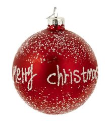 Χριστουγεννιάτικη Μπάλα Γυάλινη Κόκκινη Γυαλιστερή με Λευκό "Merry Christmas" (8cm)