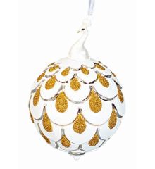 Χριστουγεννιάτικη Μπάλα Γυάλινη Λευκή με Πορσελάνινο Παγώνι και Χρυσά Σχέδια (10cm)