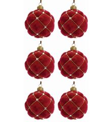 Χριστουγεννιάτικες Μπάλες Γυάλινες Κόκκινες με Ρόμβους και Χρυσή Κλωστή - Σετ 6 τεμ. (8cm)