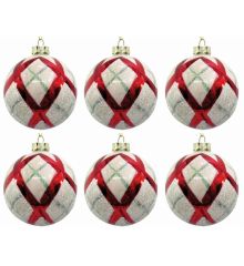 Χριστουγεννιάτικες Μπάλες Γυάλινες Λευκές με Κόκκινες Λωρίδες - Σετ 6 τεμ. (8cm)