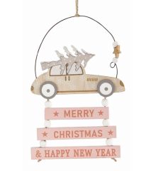 Χριστουγεννιάτικο Ξύλινο Κρεμαστό Αυτοκινητάκι με Ροζ Επιγραφή (22cm) - 1 Τεμάχιο