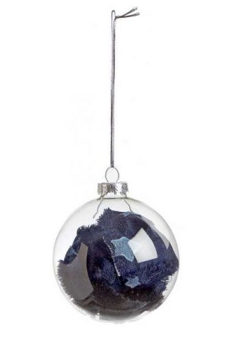 Χριστουγεννιάτικη Γυάλινη Διαφανή Μπάλα με Μπλε Εσωτερικά Υφάσματα - 8 cm