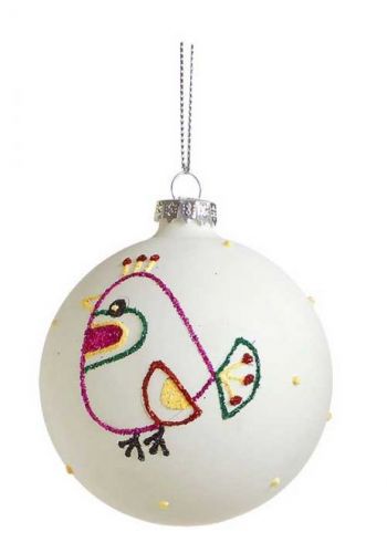 Χριστουγεννιάτικη Γυάλινη Μπάλα Άσπρη με Σχέδιο Πουλί - 8 cm