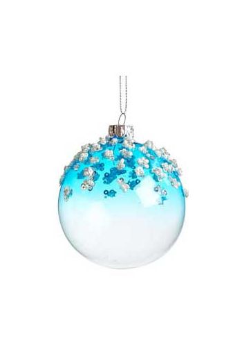 Χριστουγεννιάτικη Γυάλινη Μπάλα με Πετραδάκια - Άσπρη/Μπλε - 8 cm