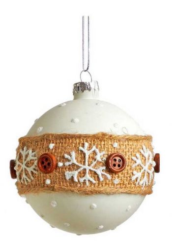 Χριστουγεννιάτικη Γυάλινη Μπάλα Άσπρη με Χιονονιφάδες και Κουμπιά - 8 cm