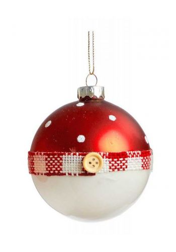 ​Χριστουγεννιάτικη Γυάλινη Μπάλα Κόκκινη - Άσπρη με Κορδέλα και Κουμπί (8cm)