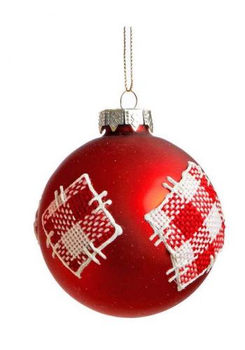 Χριστουγεννιάτικη Γυάλινη Μπάλα Κόκκινη, με Καρό Μπαλώματα (8cm)