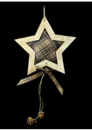 Χριστουγεννιάτικο Κρεμαστό Στολίδι Αστέρι Ξύλινο, με Καρό Ύφασμα (20cm)