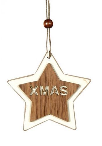 Χριστουγεννιάτικο Κρεμαστό Ξύλινο Στολίδι, Αστέρι "XMAS" Καφέ (8cm)