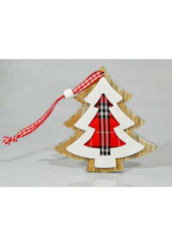 Χριστουγεννιάτικο Κρεμαστό Στολίδι Ξύλινο Δέντρο με Κόκκινο Καρό Ύφασμα