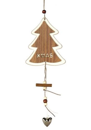 Χριστουγεννιάτικο Κρεμαστό Ξύλινο Στολίδι, Δεντράκι "XMAS" με Μεταλλική Καρδιά (30cm) - 1 Τεμάχιο