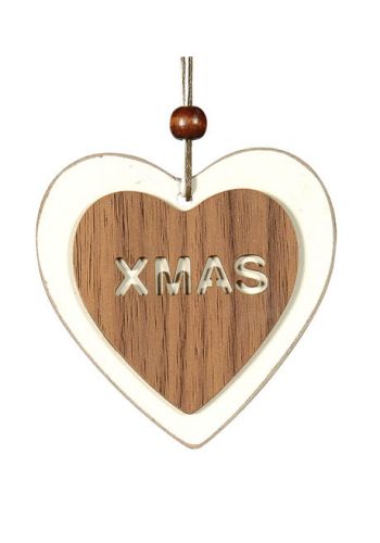 Χριστουγεννιάτικο Κρεμαστό Ξύλινο Στολίδι, Καρδιά "XMAS" Καφέ (8cm)
