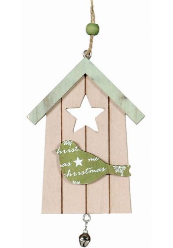Χριστουγεννιάτικο Ξύλινο Σπιτάκι Πράσινο με Πουλάκι (15cm) - 1 Τεμάχιο