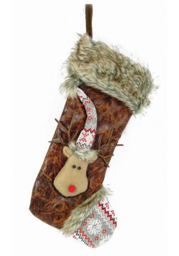 Χριστουγεννιάτικη Διακοσμητική Υφασμάτινη Καφέ Κάλτσα με Γουνάκι και Ανάγλυφο Τάρανδο (45cm)